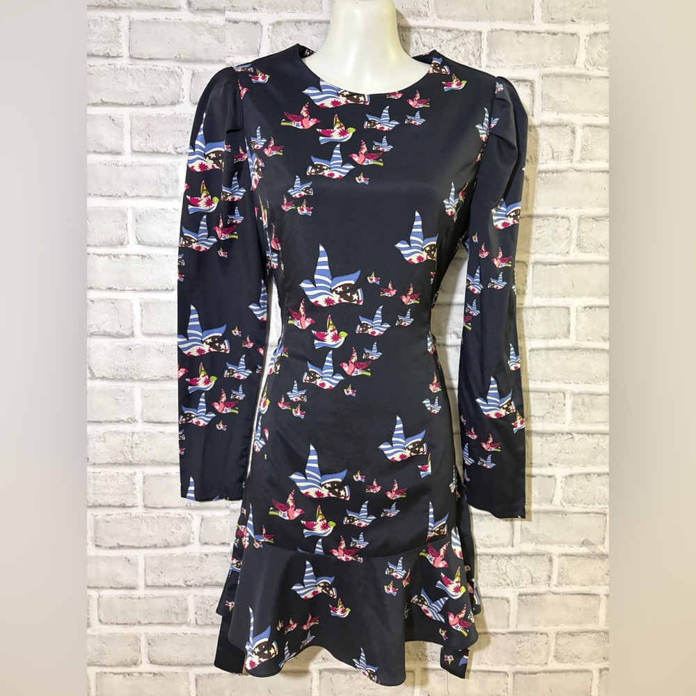 Merry Dot navy Long-Sleeve A-Line Dress with Blue-Striped Bird- see measurements